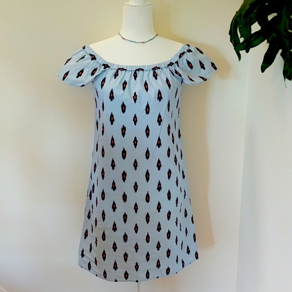 J Crew blue/orange shift dress off shoulder boho elastic neckline Small